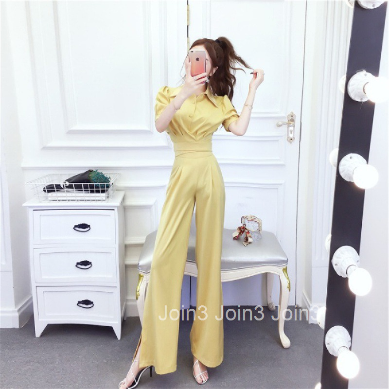 Summer Fashion Stylish Turn-Down Collar Single-Breasted Short Sleeve Top + Split Long Pants Two-Piece Set for Women