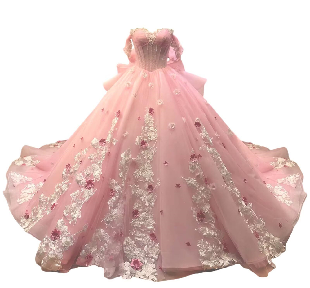 Ball Gown Quinceanera Dresses Off the Shoulder Appliques Big Bow Sweetheart Tulle Lace-up Plus Size Sweet 15 16 Princess Birthday Party Gowns Vestidos