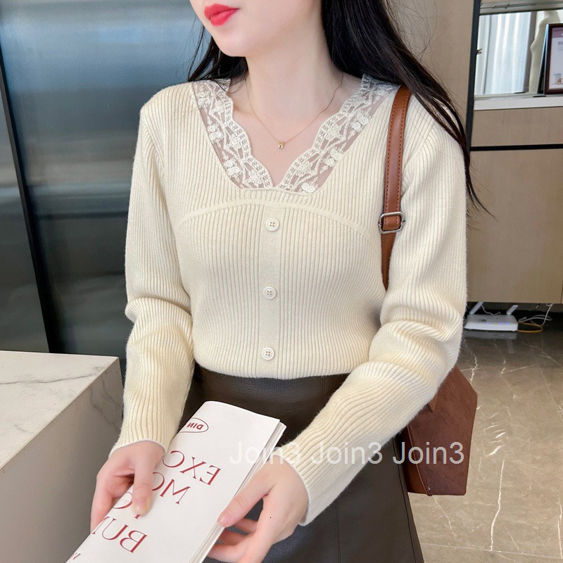 Winter Spring New Lace Patchwork V-Neck Ribbed Slim Pullover Knitted Sweater Womens Short Top