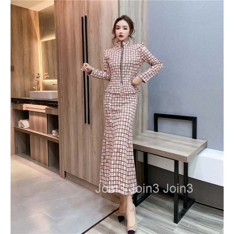 Autumn Winter New Fashionable Stylish Internet Celebrity Goddess Suede Plaid Slim Long Sleeve Jacket Bodycon Long Skirt Set