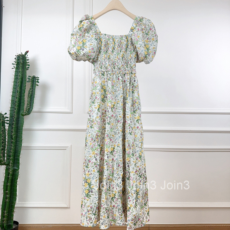 2025 Summer New Floral Large Collar Puff Short Sleeve Waist High Waist Dress Lightweight Stretchy Mid-Length Dress for Women