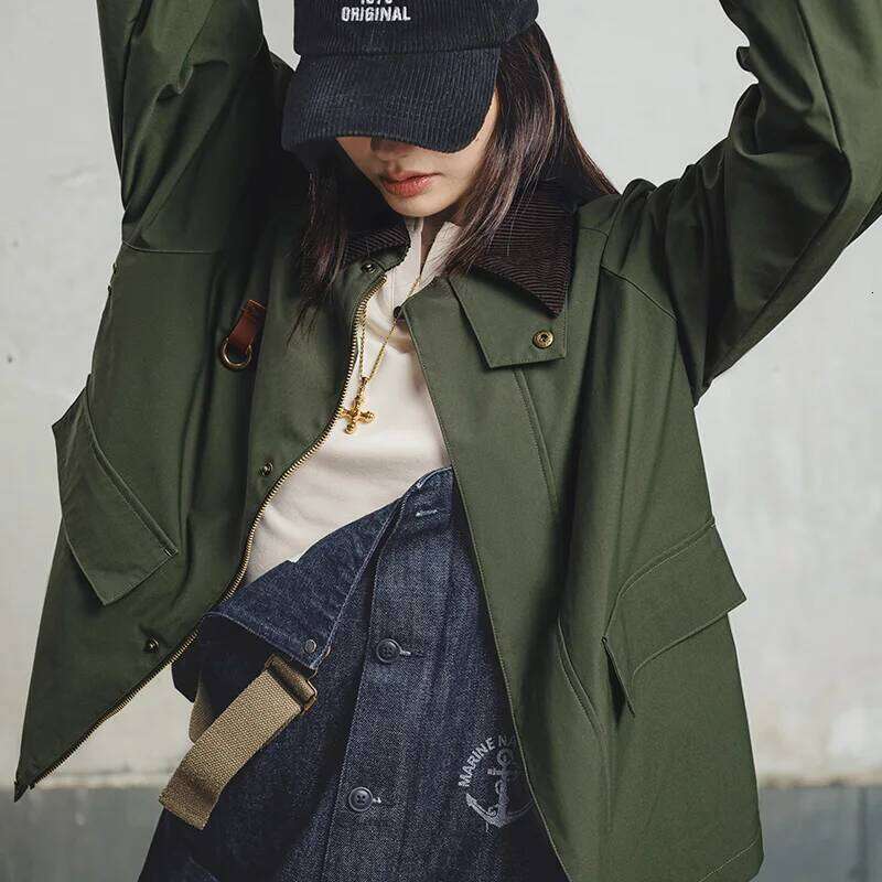 Designer Clothing 2025 Maden Retro Women's Corduroy Patchwork Jacket Green Casual Lapel Spey Hunting Jackets For Spring With Zippered Front Outer