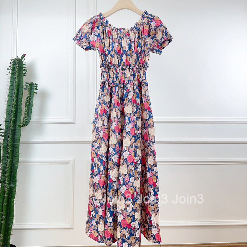 25 Summer New Round Neck Waist-Cinching Slimming Floral Print Short Sleeve Dress Lightweight Cool Long Dress