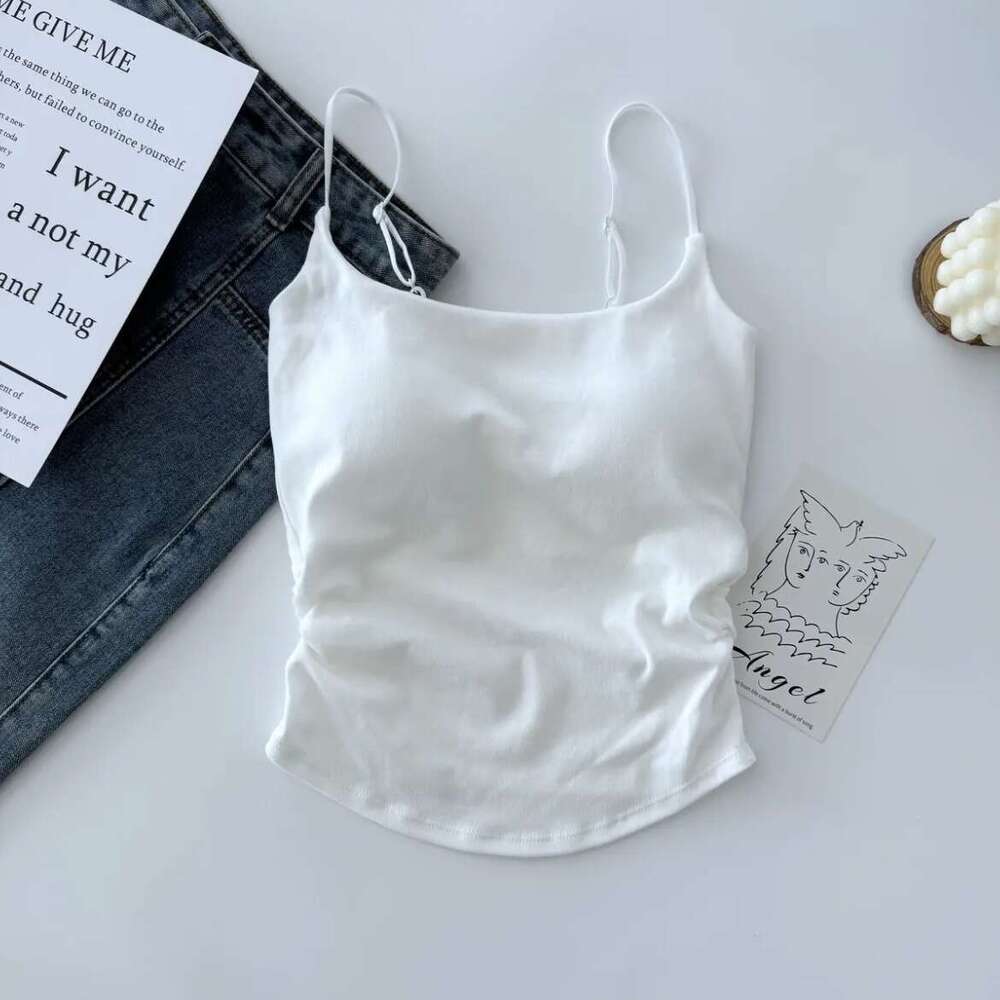 sxzy Summer Fresh Pure Cotton Camisole Vest Design Sense, Ruched Inner Wear with Chest Pads, Slimming Outer Wear, Beautiful Back Top for Women