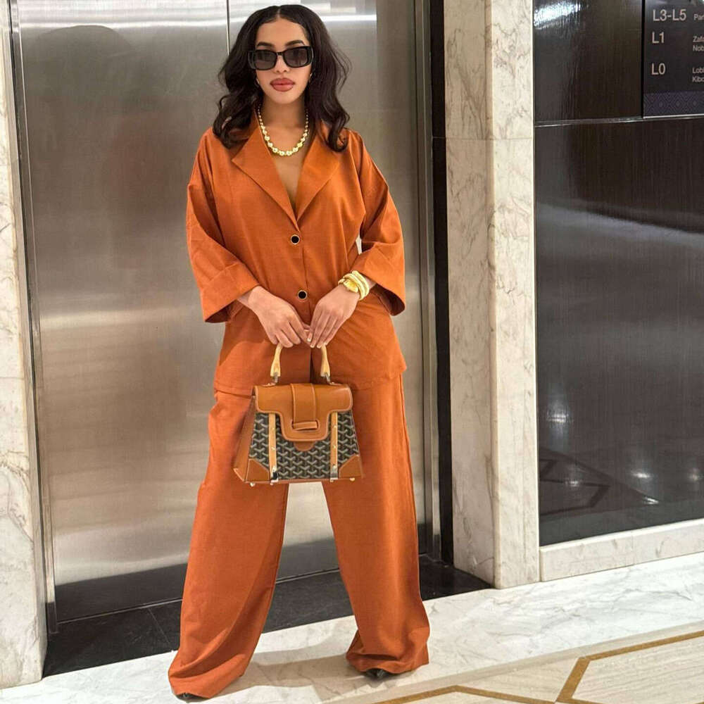 Women's Clothing Turn-Down Collar Loose Single-Breasted Shirt High-Waisted Straight-Leg Pants Two-Piece Set Casual Elegant Suit For Women B5