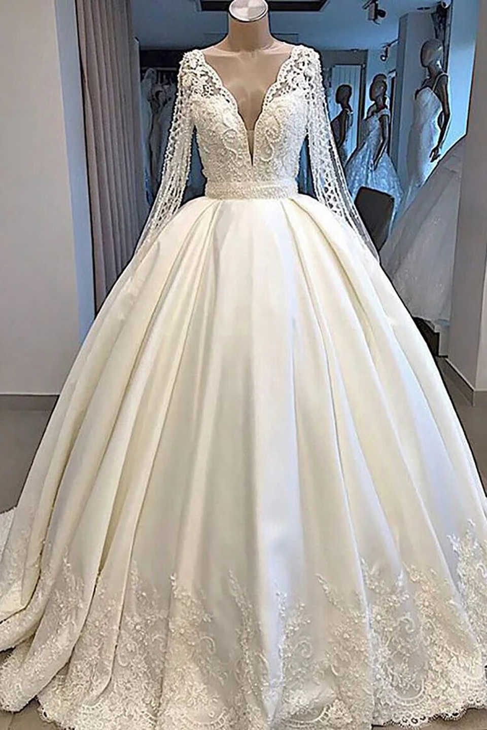Exquisite Wedding Dresses O-Neck Long Sleeve Lace Applique Beading Ball Gown Bridal Dress Vestido De Novia Customised