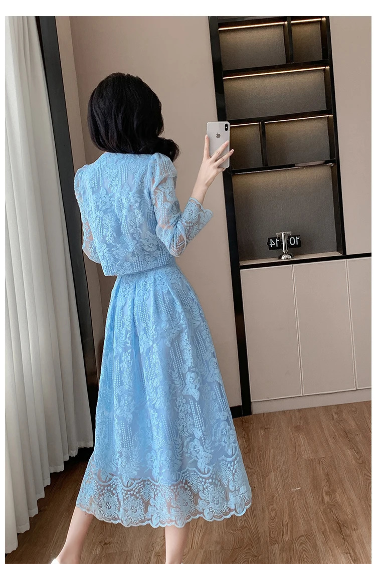 French Temperament Lace Flower Embroidery 2 Piece Set Women Long Sleeve Pearls Buttons Crop Top A-line Midi Skirts Sweet Suit 250728