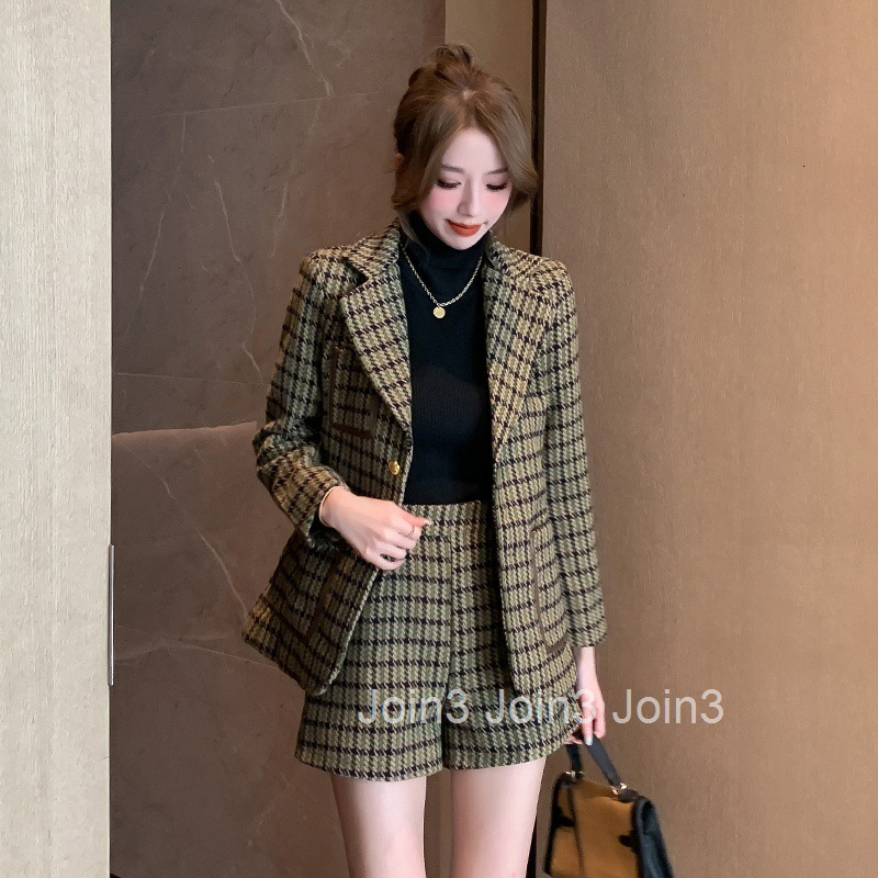 Winter Spring New French Style Elegant Plaid Long Sleeve Blazer Mid-Length Shorts Set for Women