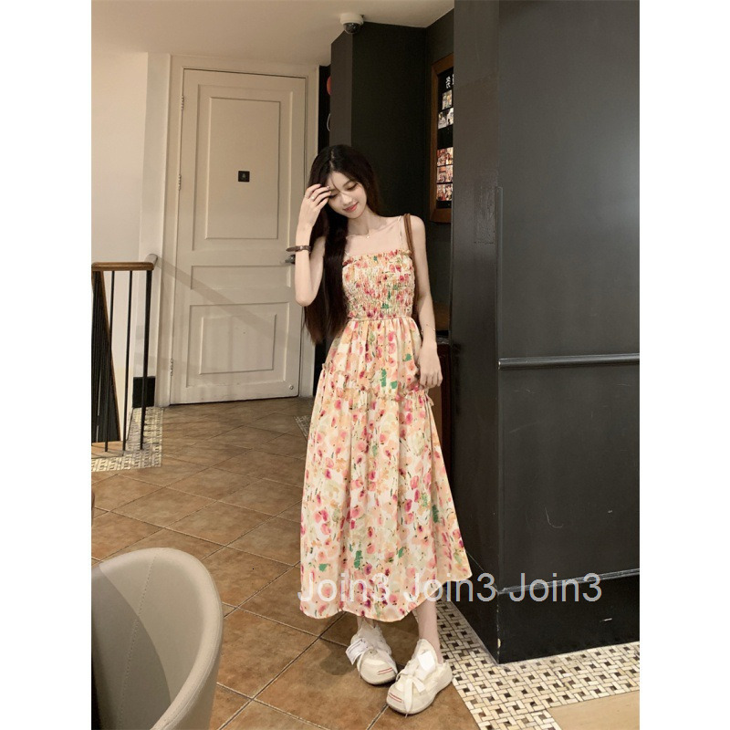 Summer New Sweet Fairy Floral Strap Dress Chiffon Slimming Printed Long Dress