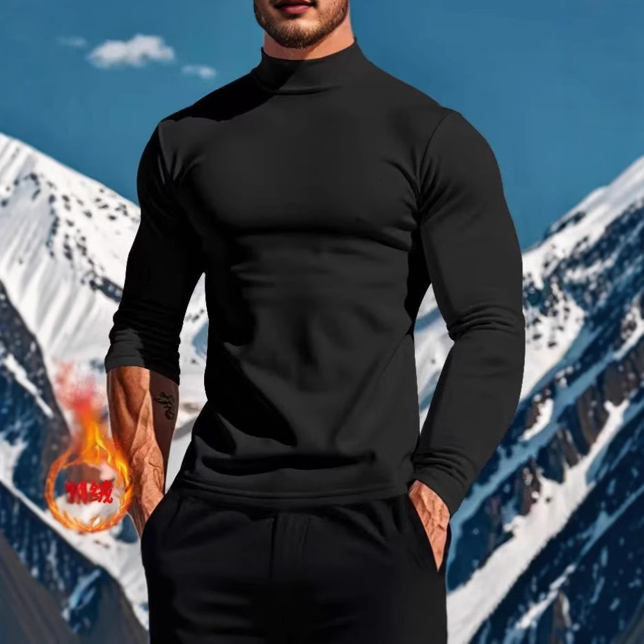 Mens Autumn Winter Thermal Pure Long Sleeve T-Shirt Knitted Base Shirt Slim Fit Half High Collar Mens Top