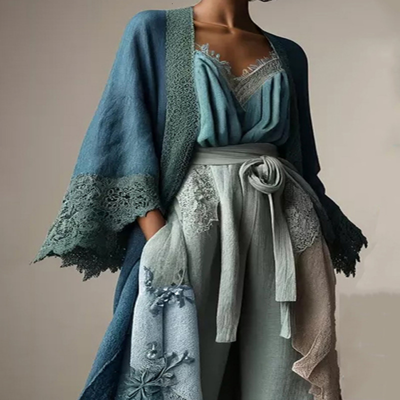 Autumn Ladies Fashion Flared Sleeves Cardigan Jacket Lace Patchwork Loose Casual Elegant Shirt Tops 250715