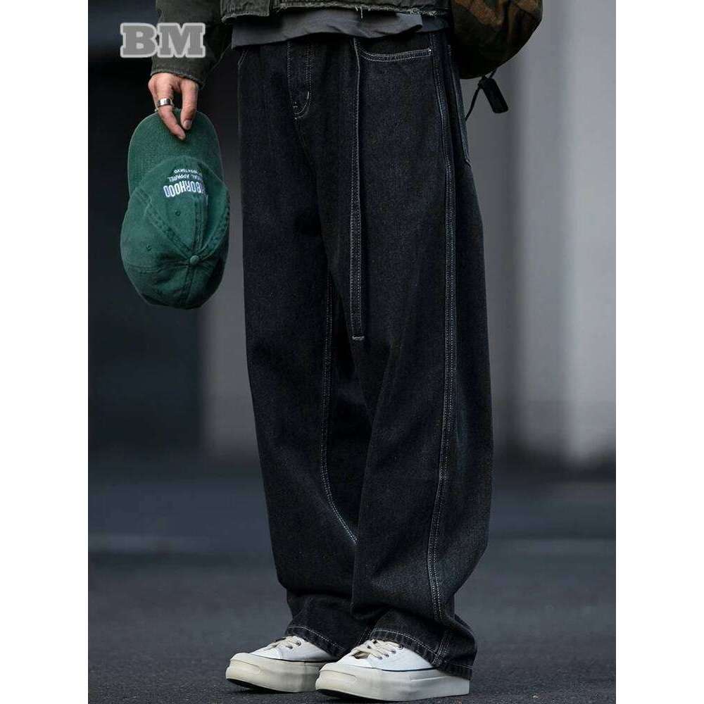 Japanese Streetwear High Quality Tied Jeans Mens Clothing Black Straight-Leg Denim Cargo Pants Haruku Casual Trousers Male 250726