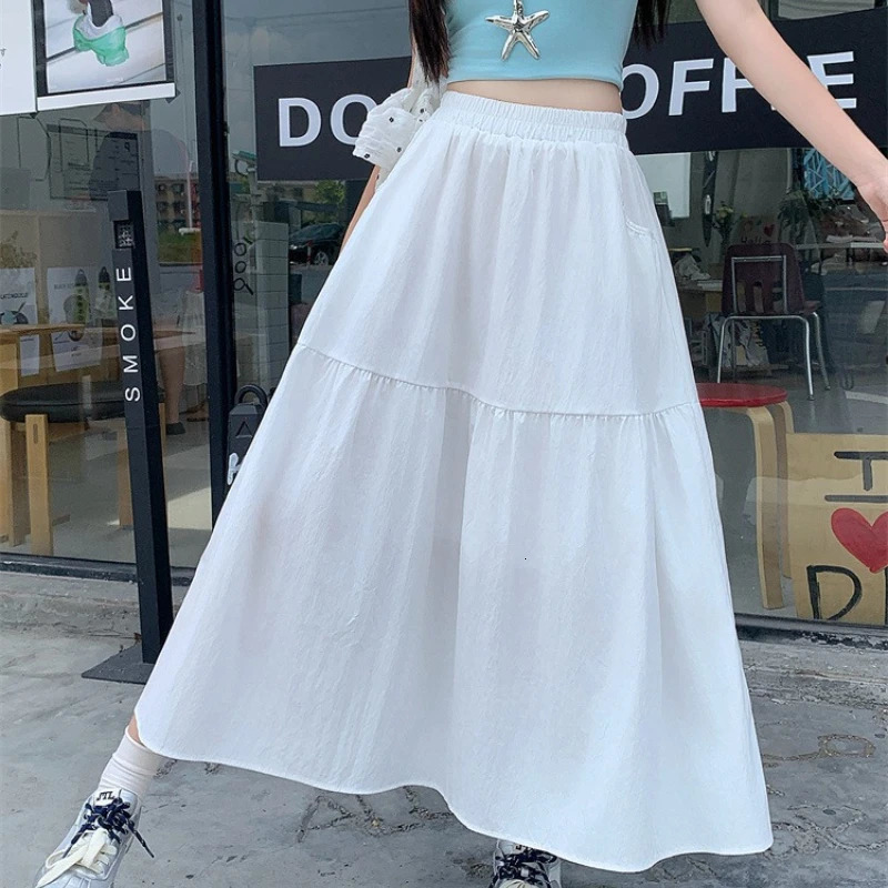 Plus Size Skirts Women Summer High Waist A Line Skirt Korean Style with Pockets Large Long Skirt 250729