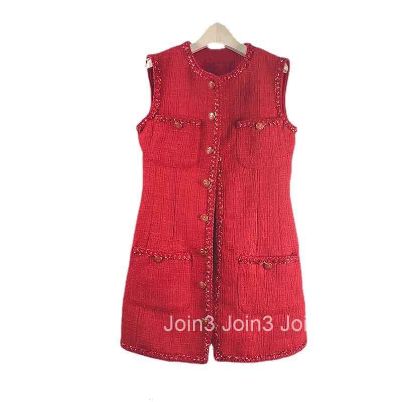 Red Festive Little Fragrance Vest Dress Nanyou Spring Summer New Fashion Slim A-line Skirt Base