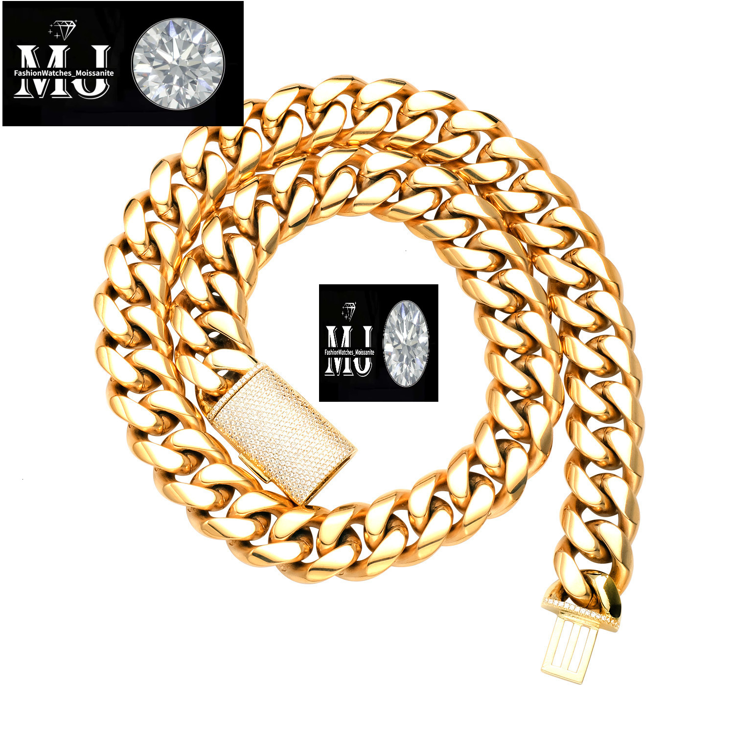 12/14/18/20/22mm Stainless Steel Hip Hop Gold Plated Cuban Chain Micro Paved Zircon Clasp Necklace