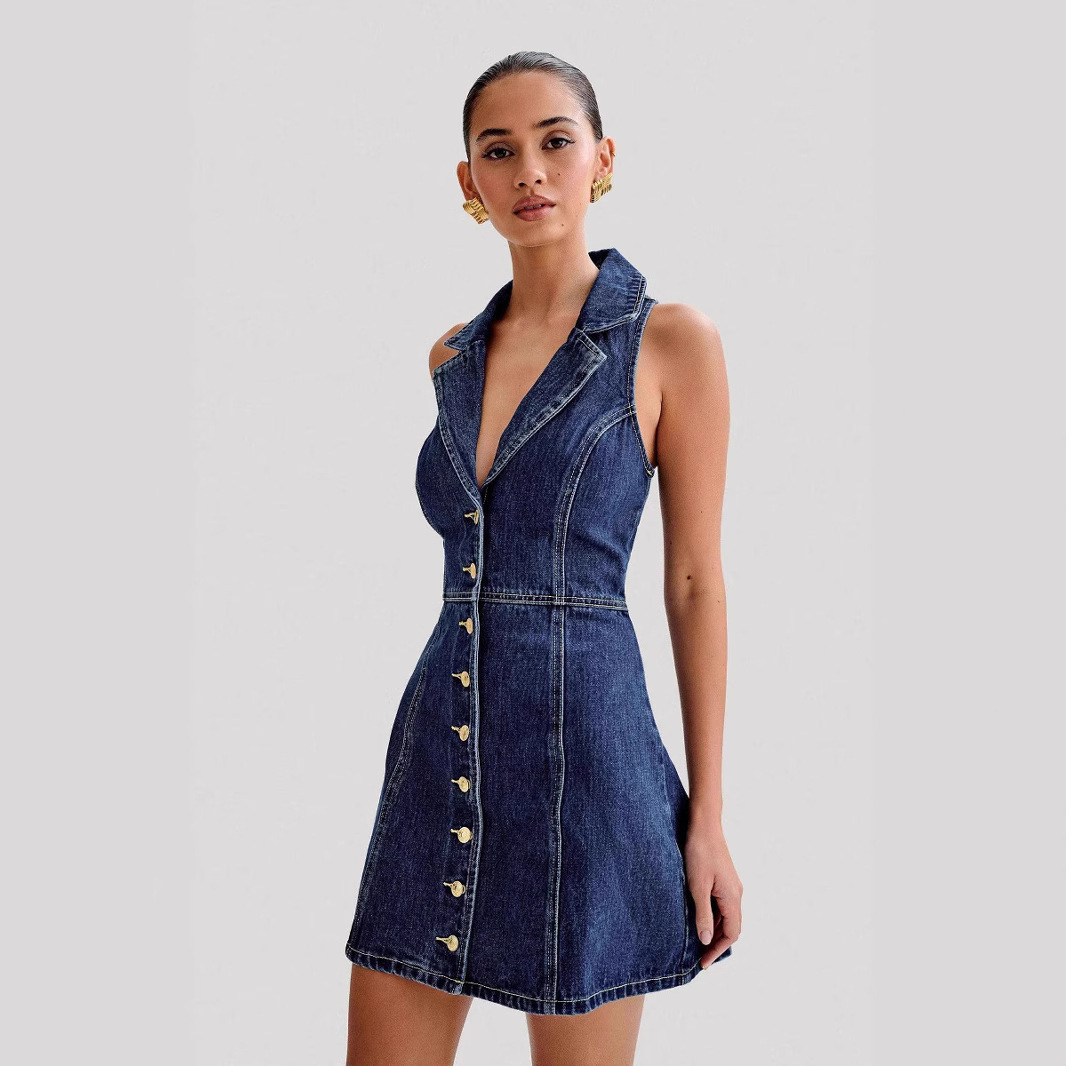 Hanging neck strap denim dress for childrens summer 2024 new tea break French style temperament slim fit long skirt