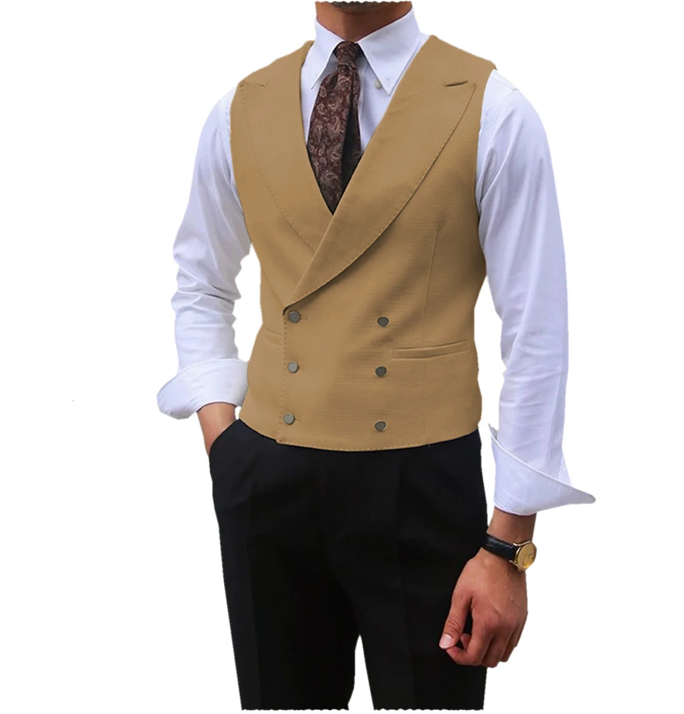 Men Vest Brown Solid Peaked Lapel Double Breasted Sleeveless Jacket Wedding Banquet Business Casual Slim Waistcoat 250729