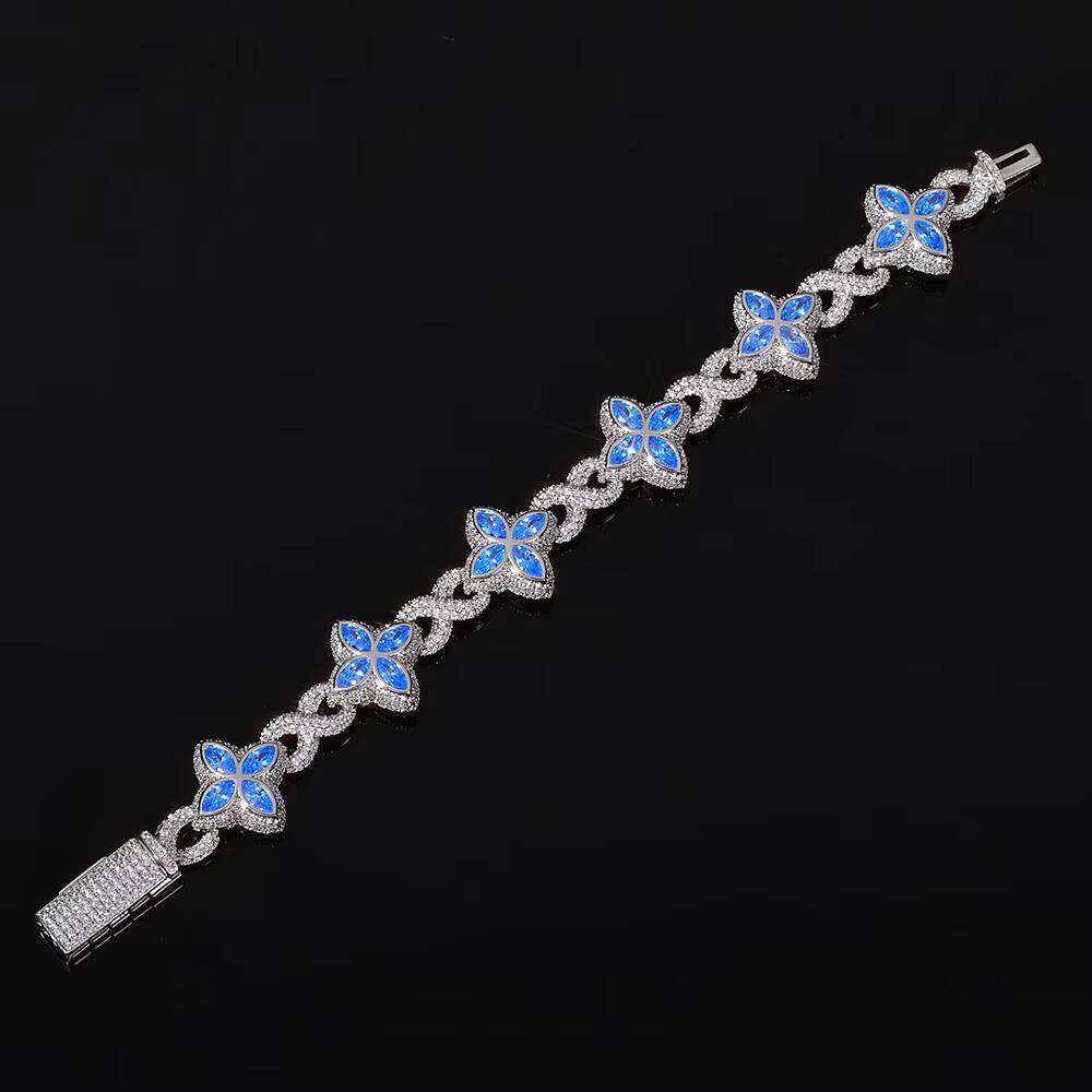 Eskeem Blue Floral Cuban Bracelet Sterling Sier Iced Out Chain VVS Moissanite Hip Hop Jewelry
