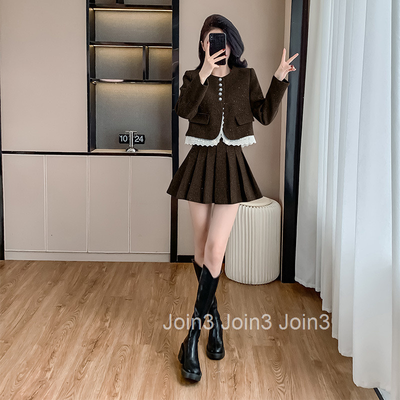 Autumn Winter New French Style Short Skirt Set for Women Lace Trim Sequin Short Jacket Pleated Skirt Two-Piece Set