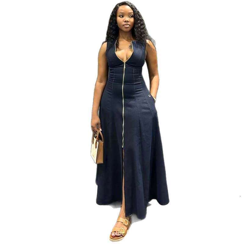 Elegant Sleeveless Casual Dress With Waist Zipper And Long Skirt For Commuting B5