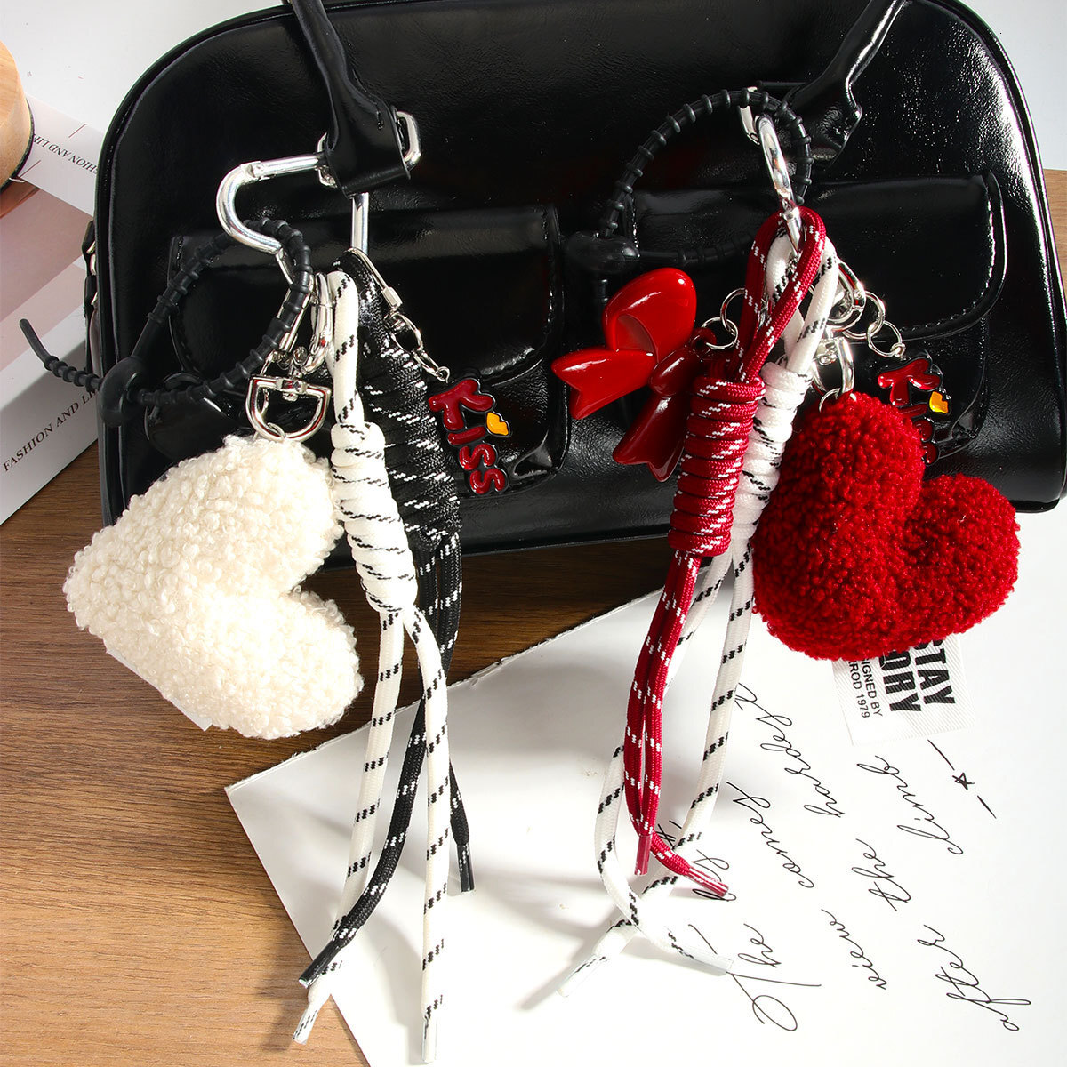 New Trendy Niche Design Fashion Simple Heart Bowknot Bag Pendant Woven Rope Hanging Decoration Keychain