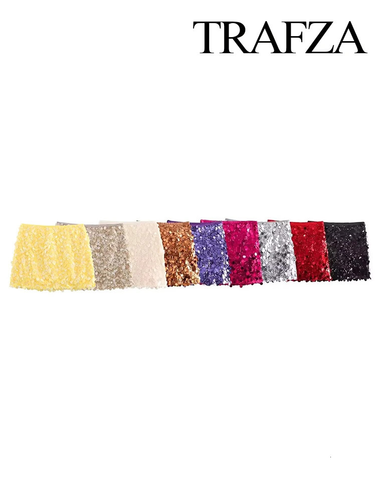 TRAFZA Women Summer Fashion Party Style Sequin Mini Slim Skirt Female Sexy Elegant Banquet Zipper High Waist Short ALine Skirt 250729