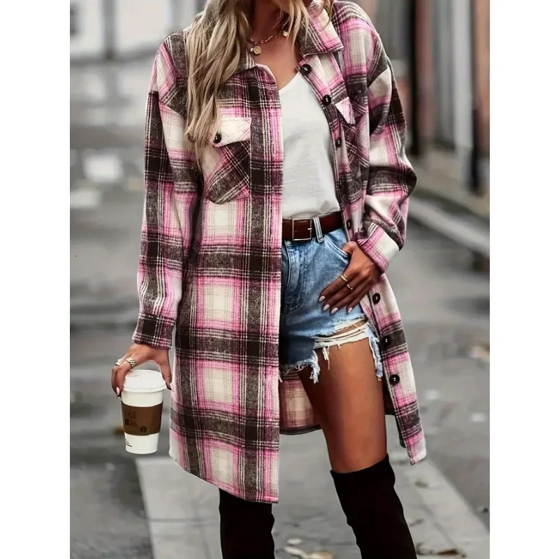 Plus Size Casual Plaid Coats Women Windbreaker Long Sleeve Button Shirt Jacket Fashion Print Pocket Coat Female 250729