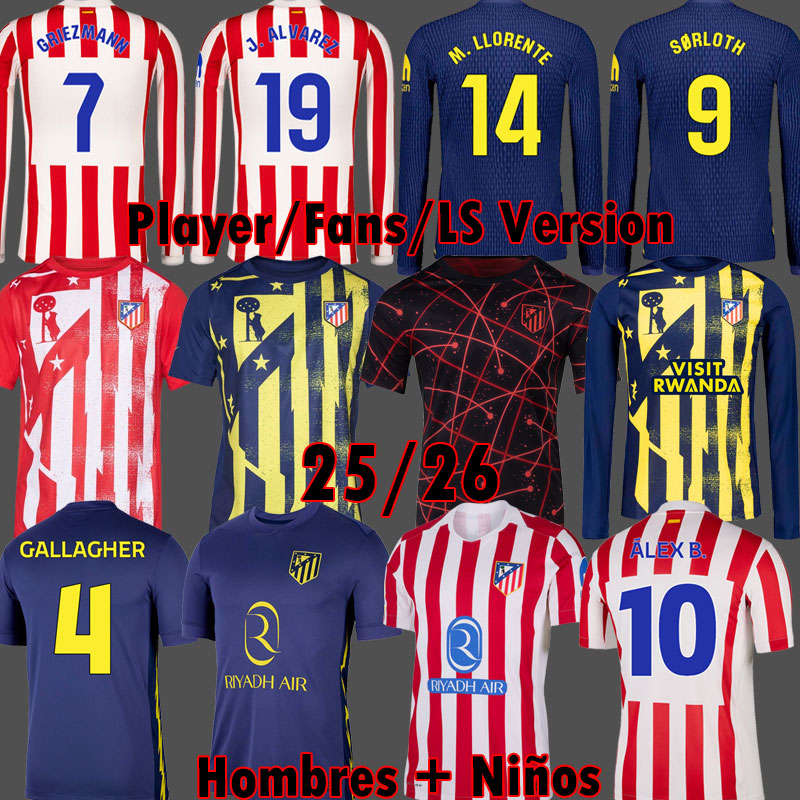 Atleticos soccer jerseys Madrids GRIEZMANN 25 26 LLORENTE KOKE ALEX BAENA LEMAR ATM football shirt kids kit sets uniforms ALVAREZ 2025 2026 GALLAGHER BARRIOS shirts