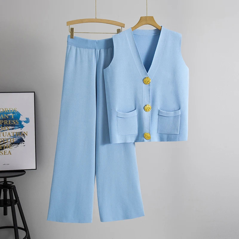 2 Pieces Casual Knit Suit for Women Vneck Sleeveless Single Breasted Slim Tank Wideleg Pants Female Set Spring Summer w250729