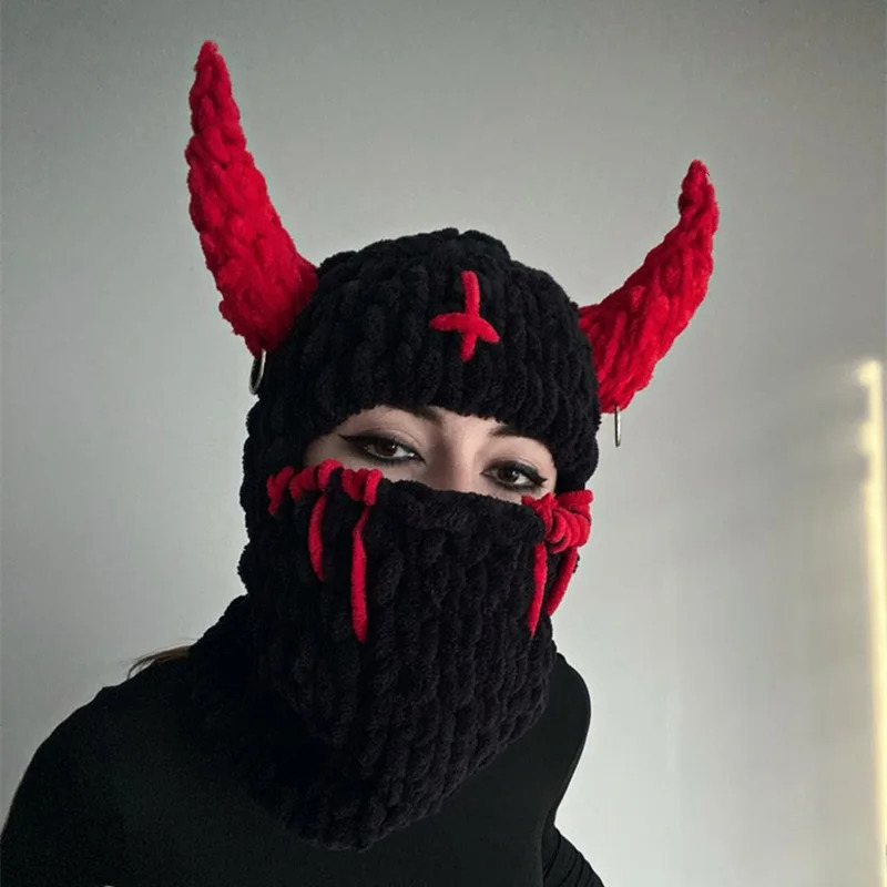 Men Gothic Balaclava Halloween Devil Horn Beanie Hat Full Face Cover Ski Mask Hat Winter Windproof Wool Knit Hat For Outdoor 250724