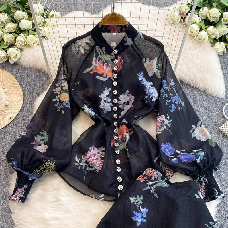 Female Fashion Floral Elegant Retro Two Piece Set For Women O Neck Long Sleeve Tops High Waist A-Line Skirt Set 250728