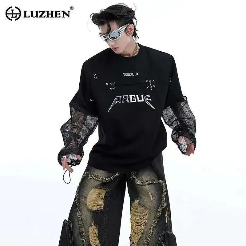 LUZHEN Fashion Original Gauze Splicing Long Sleeve T-Shirts for Men Trendy Niche High Quality Casual Tops LZ3975 250723