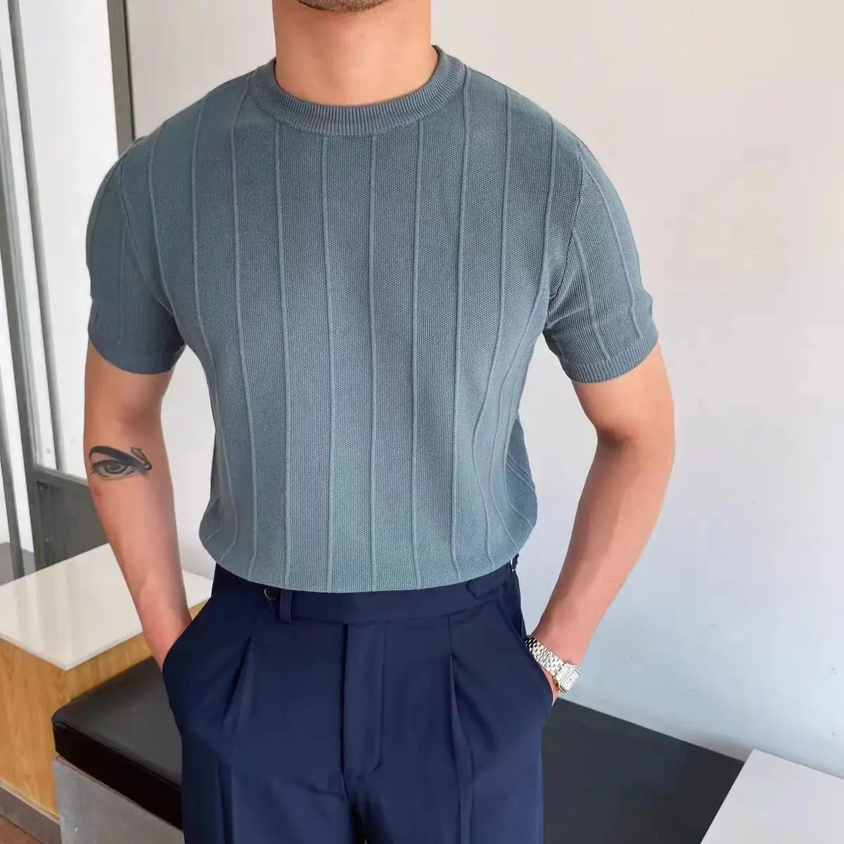 Summer Men Knit Ice Silk Tshirts High Quality Solid Color Stripe Short Sleeve Oneck Tee Tops Mens Thin Slim Fit Tshirts 250729