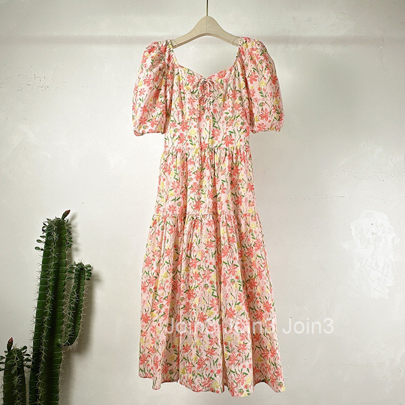 Summer French Fashion Square Neck Waist-Cinching High-Waist Skirt Floral Print Short Sleeve Midi Dress