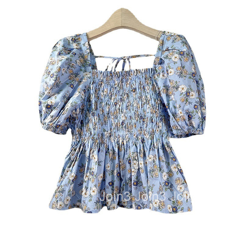 Summer New French Floral Fresh Style Square Neck Back Tie Slim Fit French Short Sleeve Top for Women