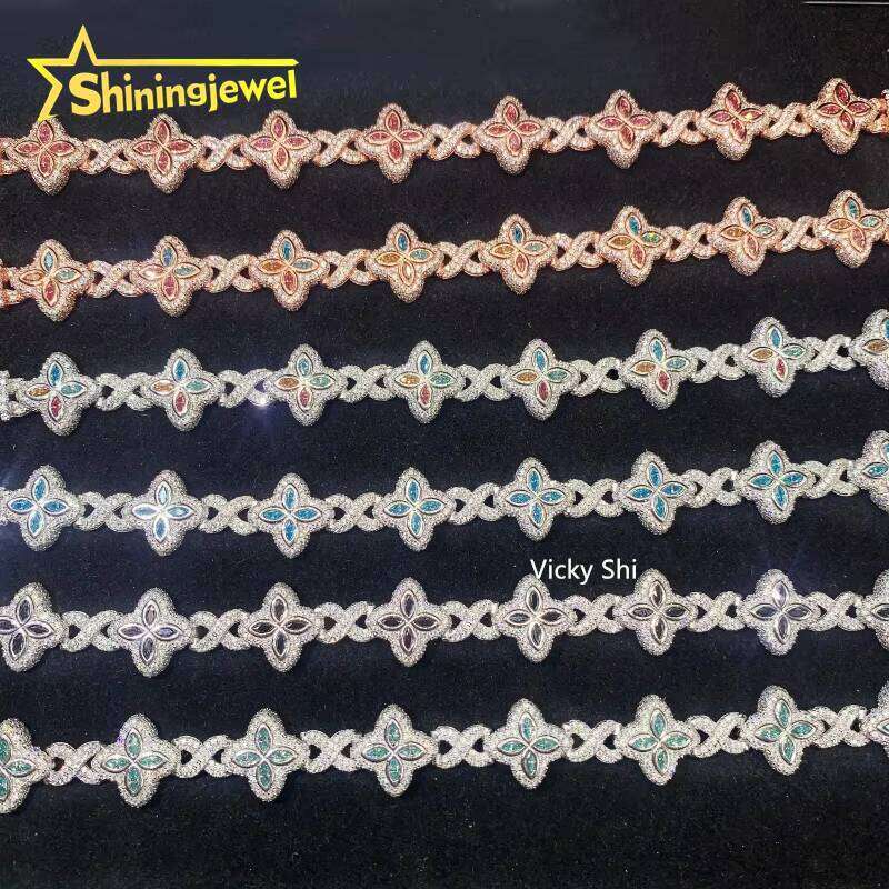 Hot Sell 15MM Sterling Sier Infinity Colored Clover Iced Out Men Bracelet Moissanite Hip Hop Jewelry