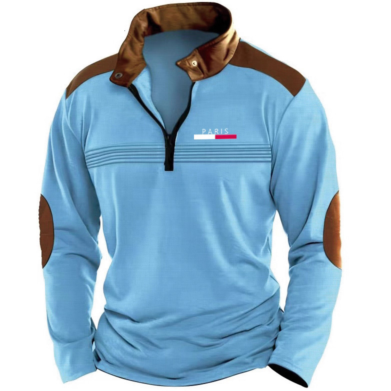 Spring and Autumn Fashion Mens Printed Polo Shirt Mens Zipper Wrinkled Long Sleeve Casual Sweatshirt