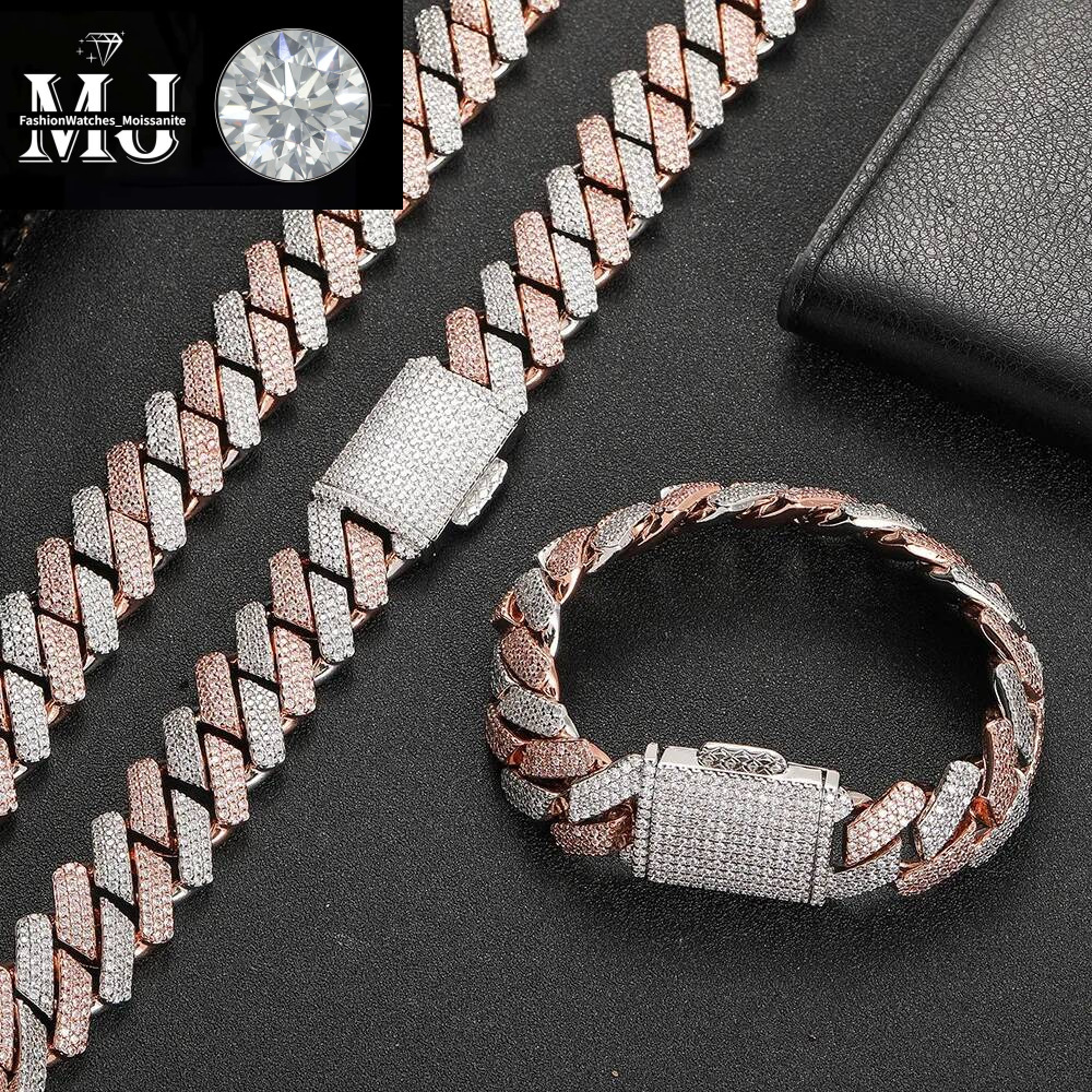 Necklace moissanite cuban link hip hop jewelry iced out chain 15-20mm 3 Rows Down Miami Dia Sier Vvs Moissanite custom pendant