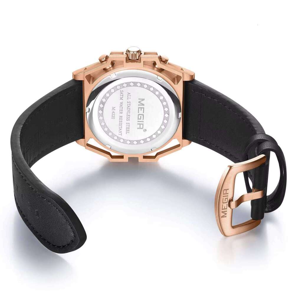 DHgargets MEGIR 4220 Men's Chronograph Watch - 47mm 316L Stainless Steel, 50M Waterproof, Leather Strap, Luminous, Date & 24H Display