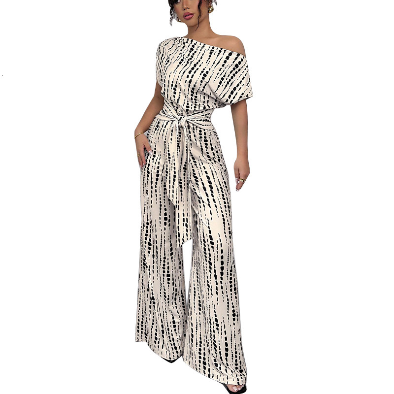 Striped jumpsuit 2025 summer vacation style sloping shoulder strap jumpsuit wide leg pants