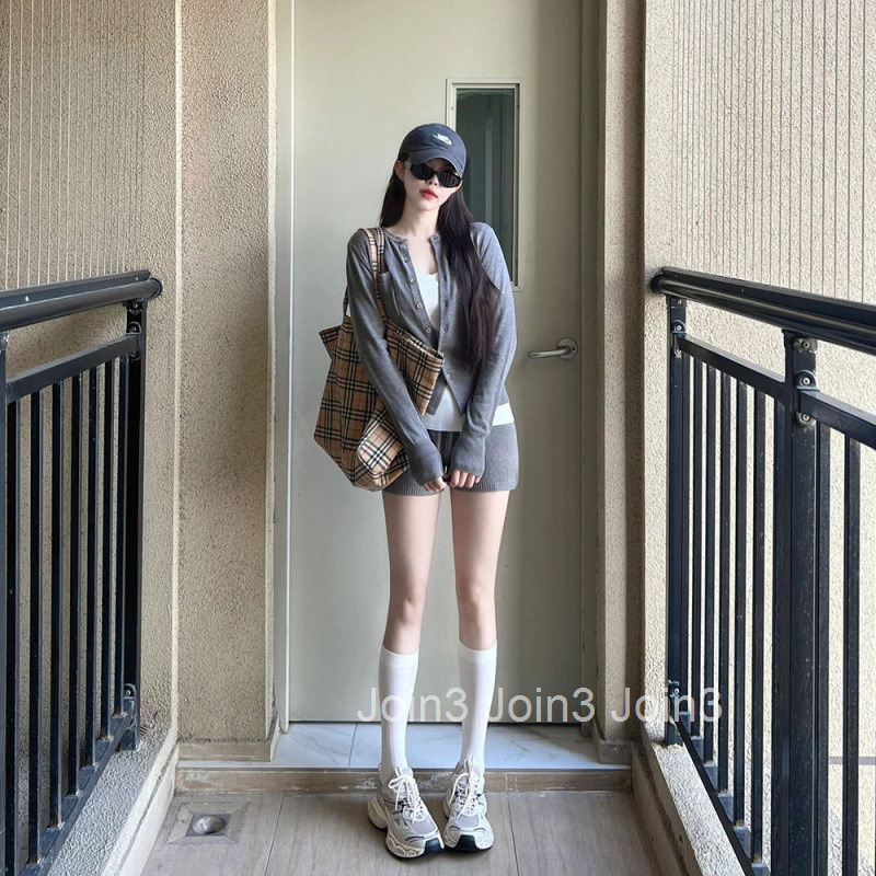 Autumn New Casual Round Neck Sweater Cardigan Jacket Top + Shorts Two-Piece Set for Women