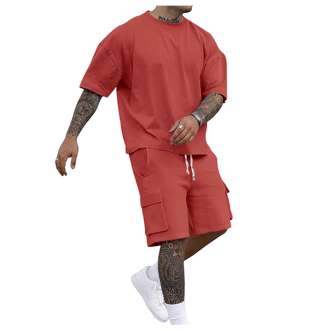 Mens summer loose fashion casual sports mens T-shirt short sleeved shorts two-piece set