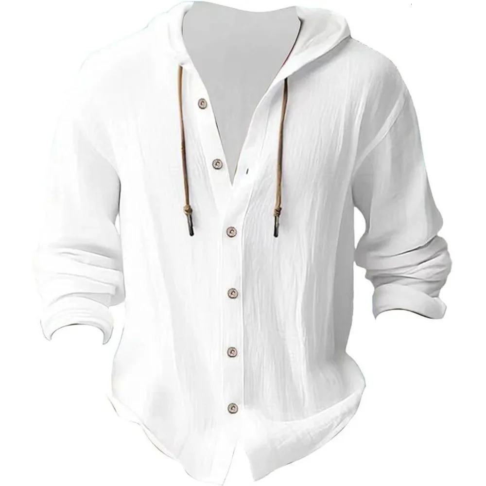 Mens Casual Hooded Tshirt Cardigan Cotton Linen Shirts Autumn Lightweight Breathable Vacation Tshirts Tops 250729
