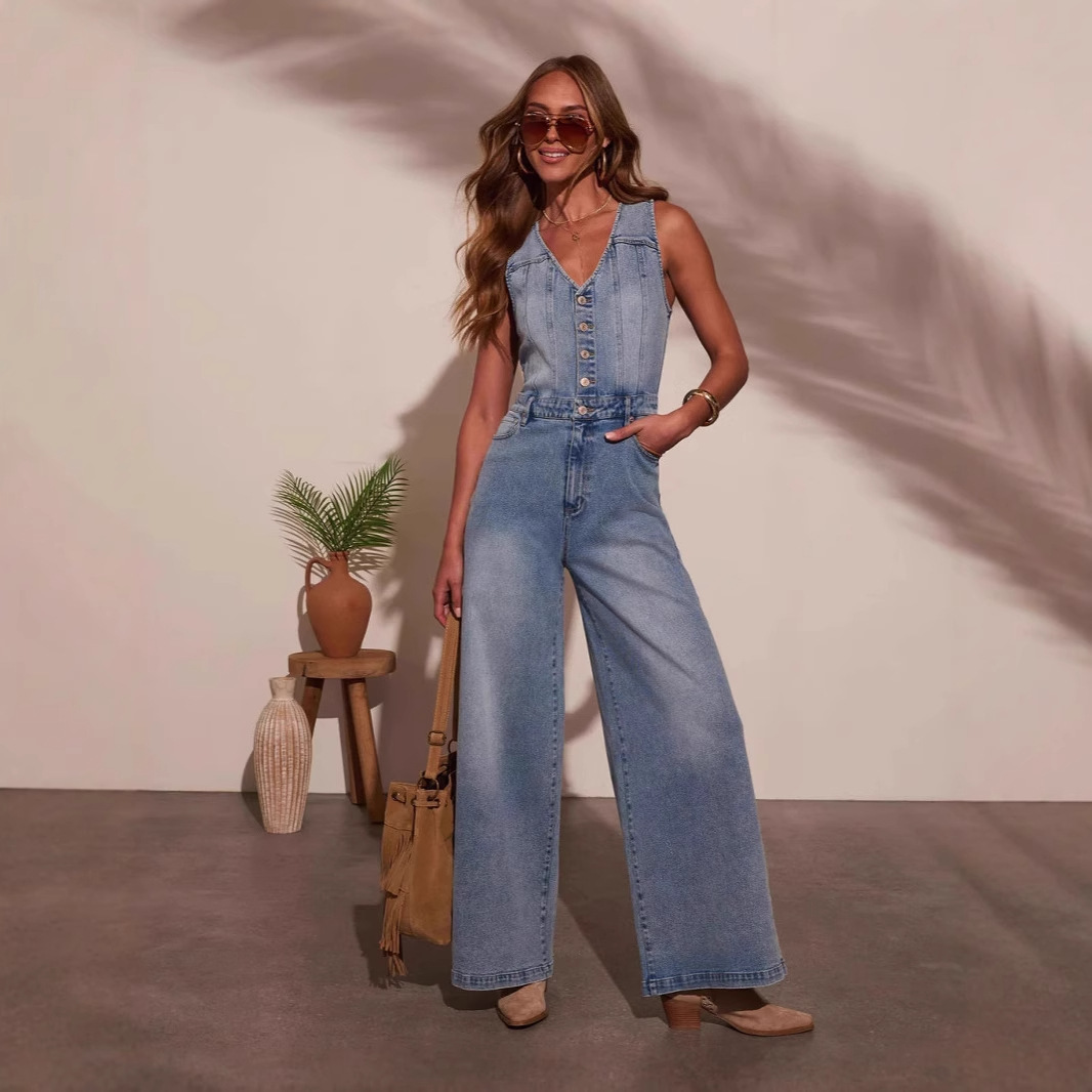 2025 American Style Summer New Womens Casual V-Neck Sleeveless Denim Jumpsuit Long Pants for Women