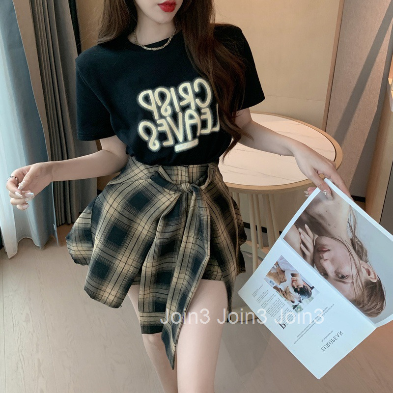 Summer New Two-piece Set Womens Casual Personality Printed Short-sleeved T-shirt + Plaid Shorts Skirt Set Women