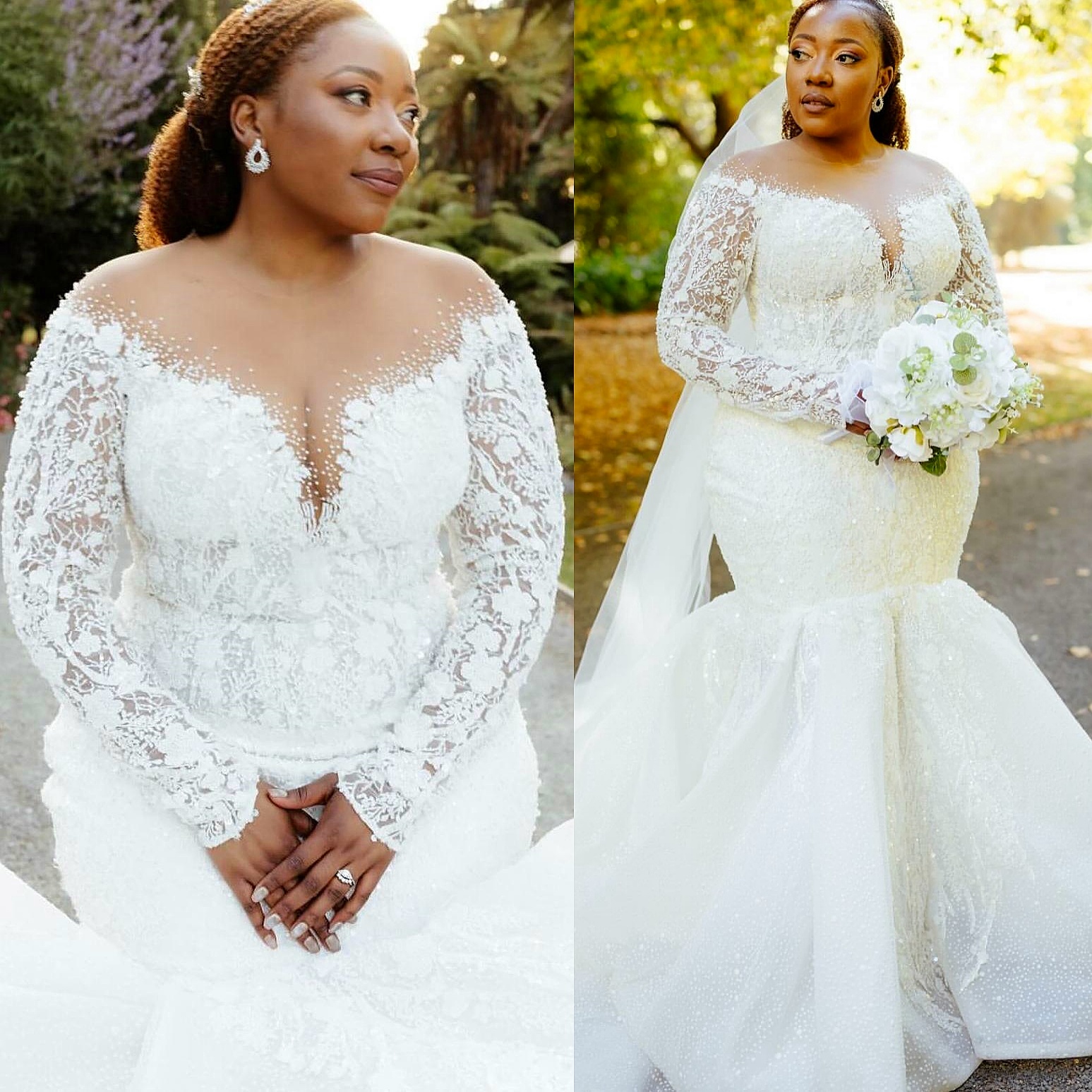 2025 Aso Ebi Plus Size White Mermaid Wedding Dress Lace Beaded Sheer Neck Beaded Vintage Sparkly Bridal Gowns Dresses ZJ0679
