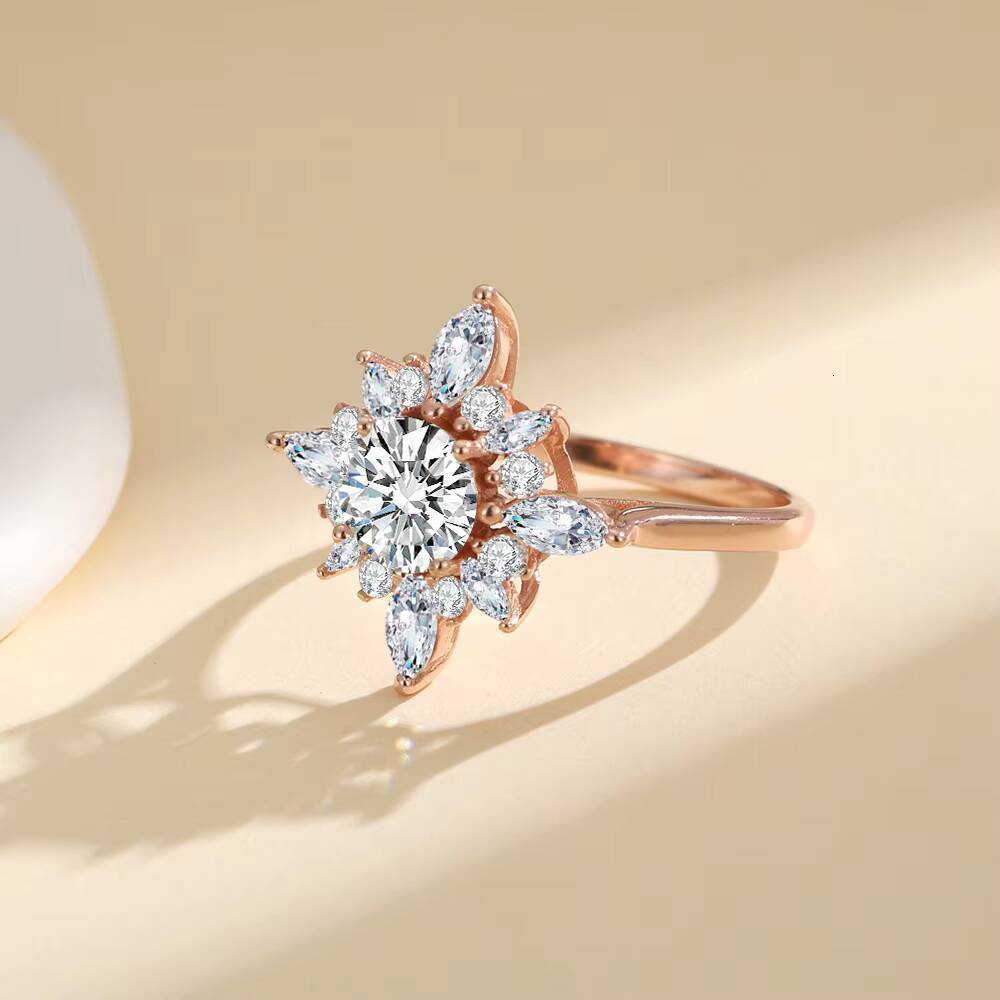 Hot Sale Sun Flower VVS1 1Carat Moissanite Diamond Ring 18K Rose Gold Plate S925 Sterling Silver for Women Wedding Jewelry