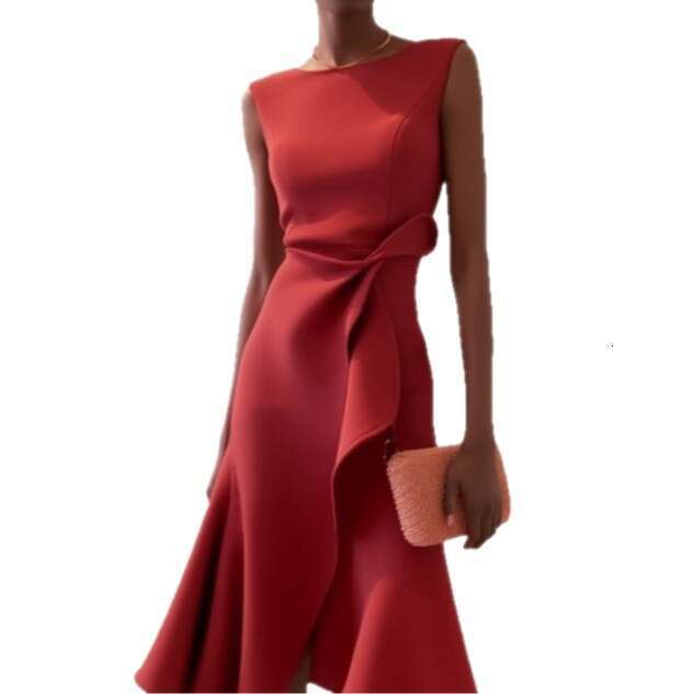 2025 European and American Women's Fashion Design Sleeveless Red Elegant Dress Round Neck
