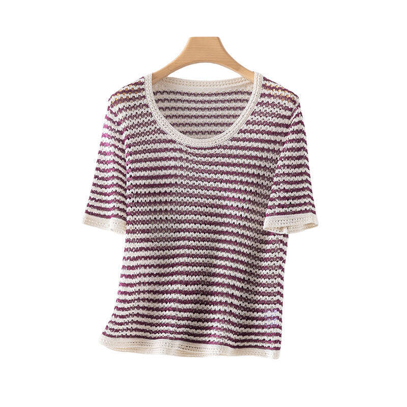 sxzy Summer New Round Neck Mulberry Silk Striped T-Shirt Loose Short Sleeve Hollow Out Slimming High-End Feel Women's Top