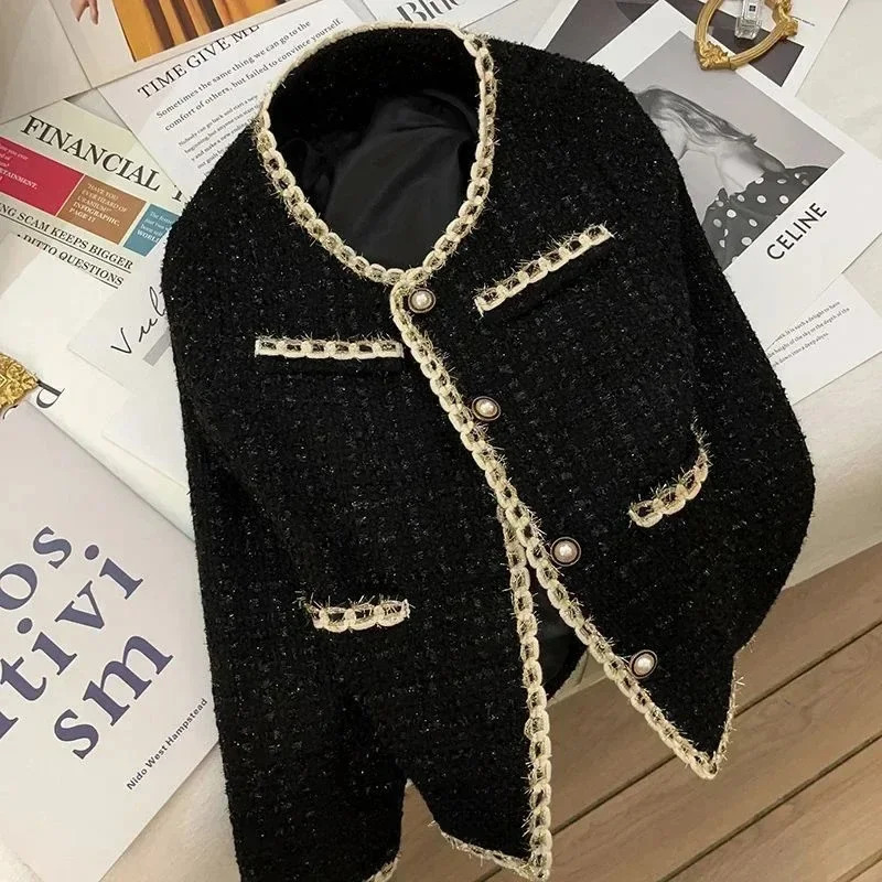 Black Short Jacket Women Temperament Elegant Tweed Jackets for Autumn and Winter Korean Office Lady Cropped Outerwear 250729